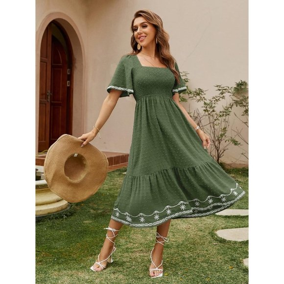 Women's Short Sleeve Smocked Square Neck A Line Summer Flowy Maxi Long Dress - Picture 2 of 7